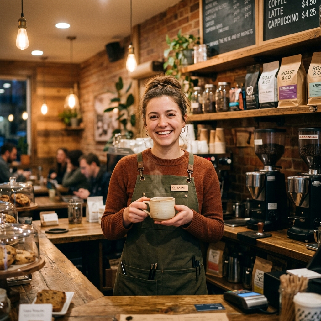 Friendly MOKA barista offering a warm cup of coffee